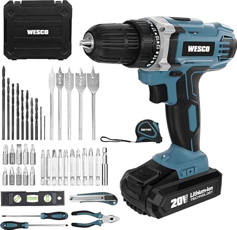 Cordless Drill Kit, WESCO 20V Electric Drill Driver Set & Home Tool Kit with 44pcs Accessories, 1x Li-ion Battery, Variable Speed, 21+1 Clutch, 3/8 inch Keyless Chuck, LED Light, Storage Case Included