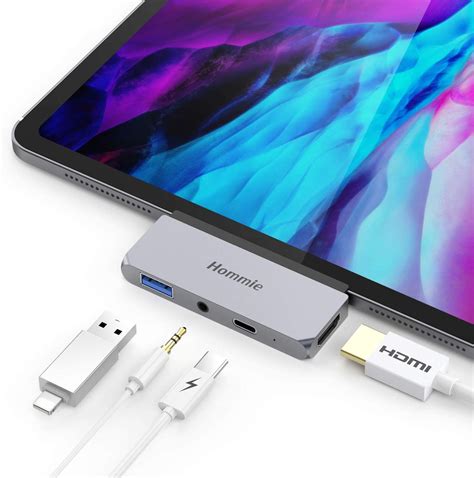 Hommie USB Type-C Hub for iPad Pro 2020 2018 and MacBook Pro, USB C Hub Adapter with USB-C PD Charging, 4K HDMI, USB 3.0 & 3.5 mm Headphone Jack, Space Gray