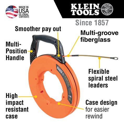 🛒 Crazy Deals Klein Tools 56380 Fish Tape, Multi-Groove Fiberglass Wire Puller with Spiral Steel Leader, Optimized Housing and Handle, 100-Foot x 0.182-Inch