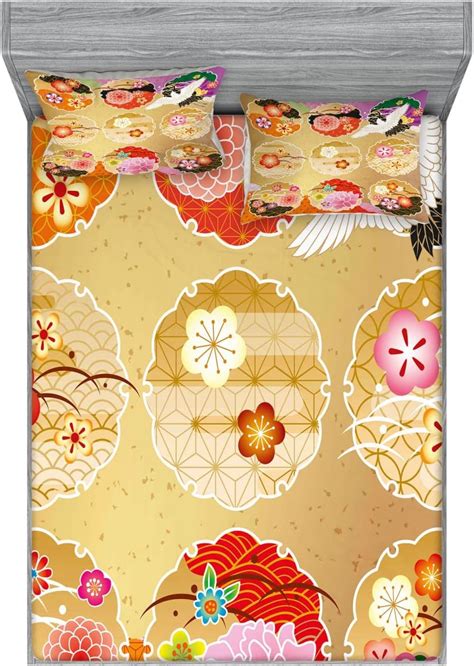 Lunarable Japanese Fitted Sheet & Pillow Sham Set, Cherry Blossom Sakura Tree Floral Branch Spring Season Theme Image, Decorative Printed 3 Piece Bedding Decor Set, Queen, Dimgray Black