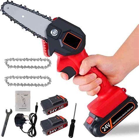 Super Sale 🛒 Mini Chainsaw,OUHOUG 4 Inch Handheld Chainsaw with 2 batteries, Cordless power chain saws with Security Lock, for Tree Trimming and Branch Wood Cutting