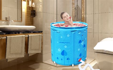 Free Shipping Offer Portable Foldable Bathtub, Maintain Temperature Efficiently Flamingo Freestanding Bath Tub, Easy to Install Bathroom Spa or Ice Bath Soaking Tub, Full Area Thickened Thermal Foam(25.5 in Blue)