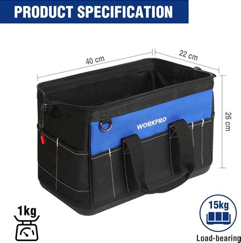 WORKPRO 16" Top Wide Mouth Tool Bag with Water Proof Rubber Base, Multi-Compartment, 46 Pockets, For Tool Organizer & Storage, W081122A